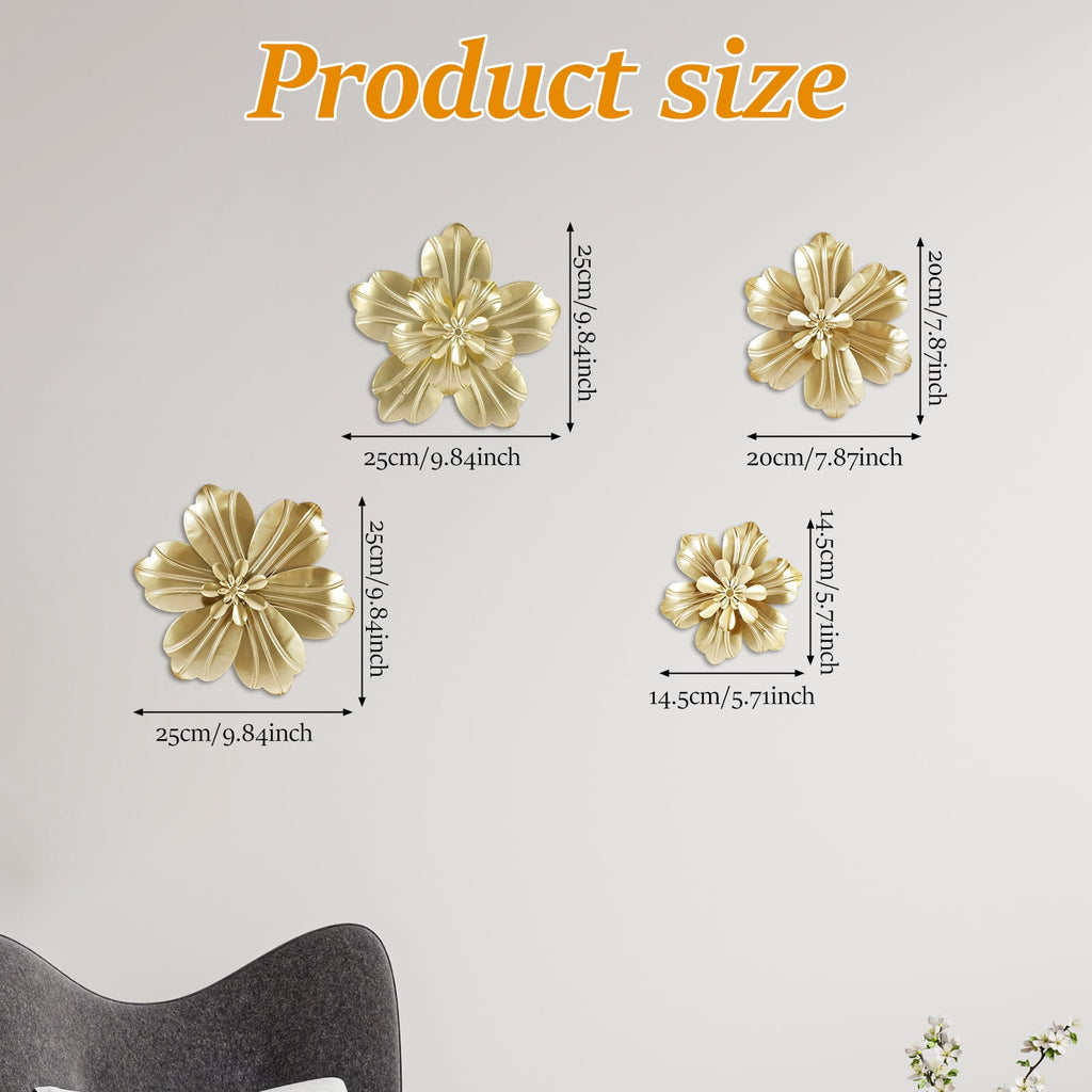 Rustic Metal Decor 4 PCS Gold Metal Flowers Wall Decor 9.8" 3D Multi-layer Modern