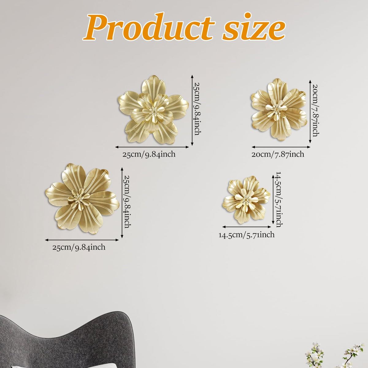 Rustic Metal Decor 4 PCS Gold Metal Flowers Wall Decor 9.8" 3D Multi-layer Modern