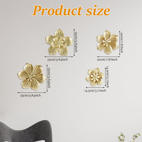 Rustic Metal Decor 4 PCS Gold Metal Flowers Wall Decor 9.8" 3D Multi-layer Modern