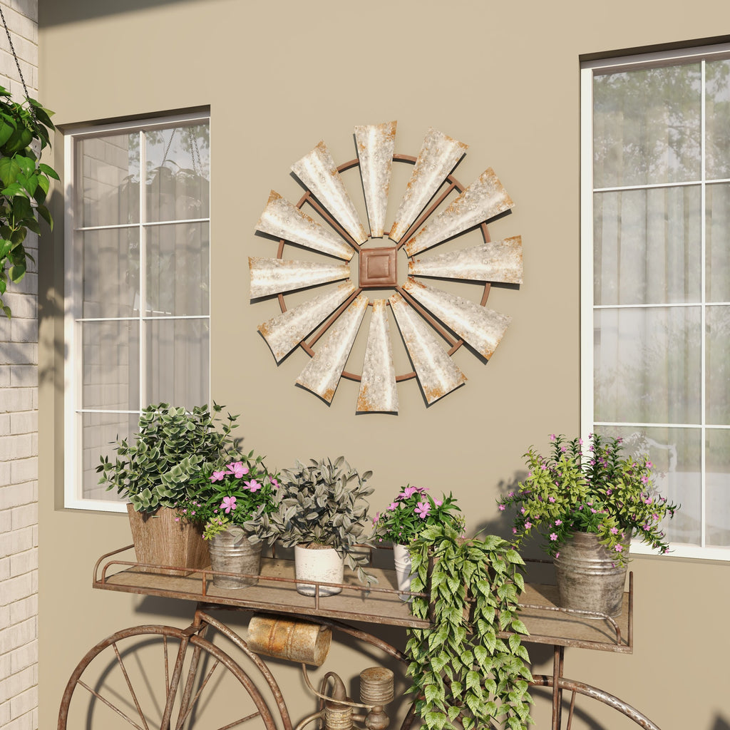 Rustic Metal Decor Silver Metal Distressed Galvanized Windmill Wall Decor with Rust Frame