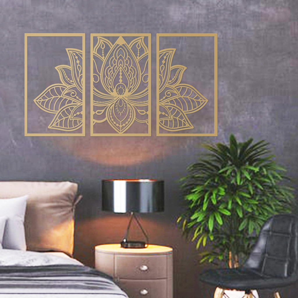 Rustic Metal Decor 3 Pcs Gold Lotus Flower Wall Art Metal Mandala Wall Decor for