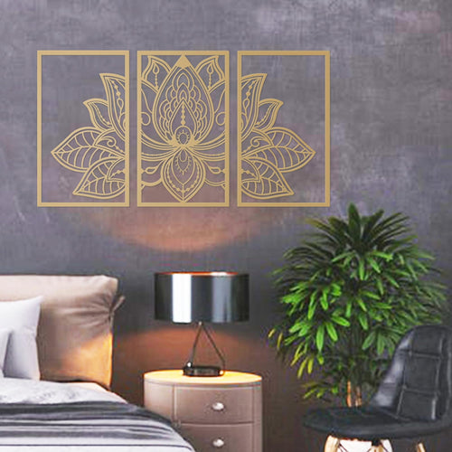 Rustic Metal Decor 3 Pcs Gold Lotus Flower Wall Art Metal Mandala Wall Decor for