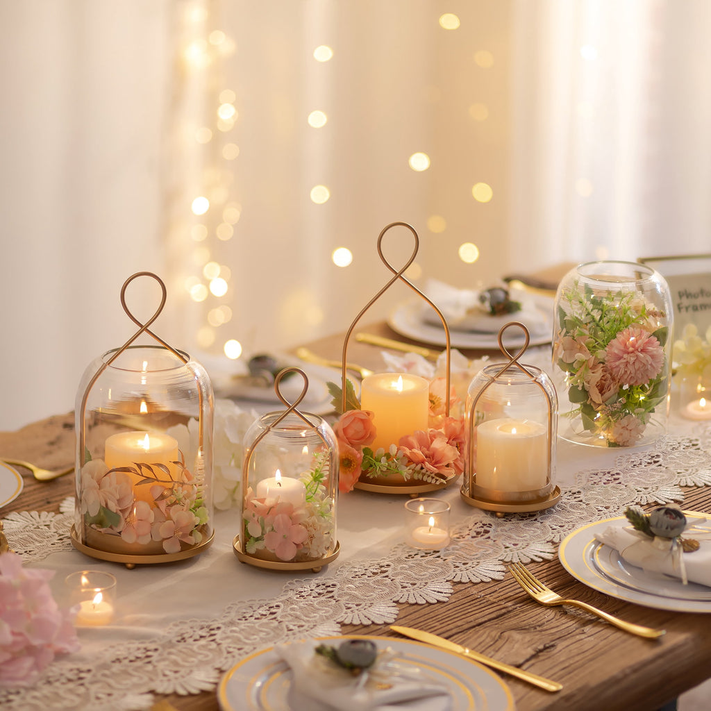 Rustic Metal Decor Set of 2 Gold Metal Glass Hurricane Lantern: Farmhouse Style Candle