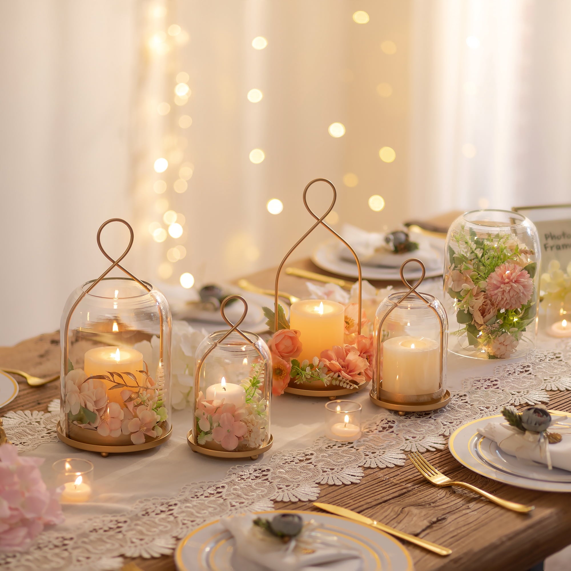 Rustic Metal Decor Set of 2 Gold Metal Glass Hurricane Lantern: Farmhouse Style Candle