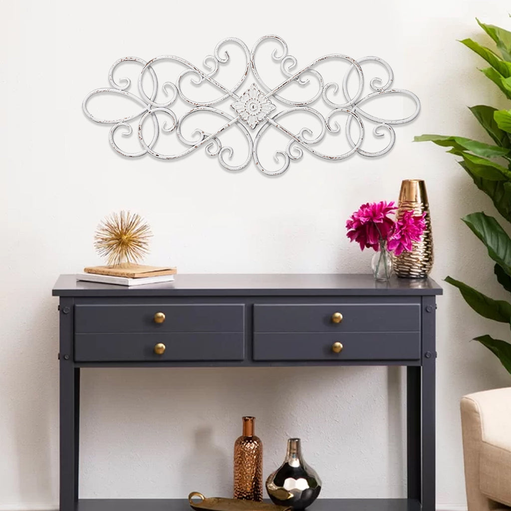 Rustic Metal Decor Farmhouse Flower Scroll White Metal Wall Art Decor 32" x 13",