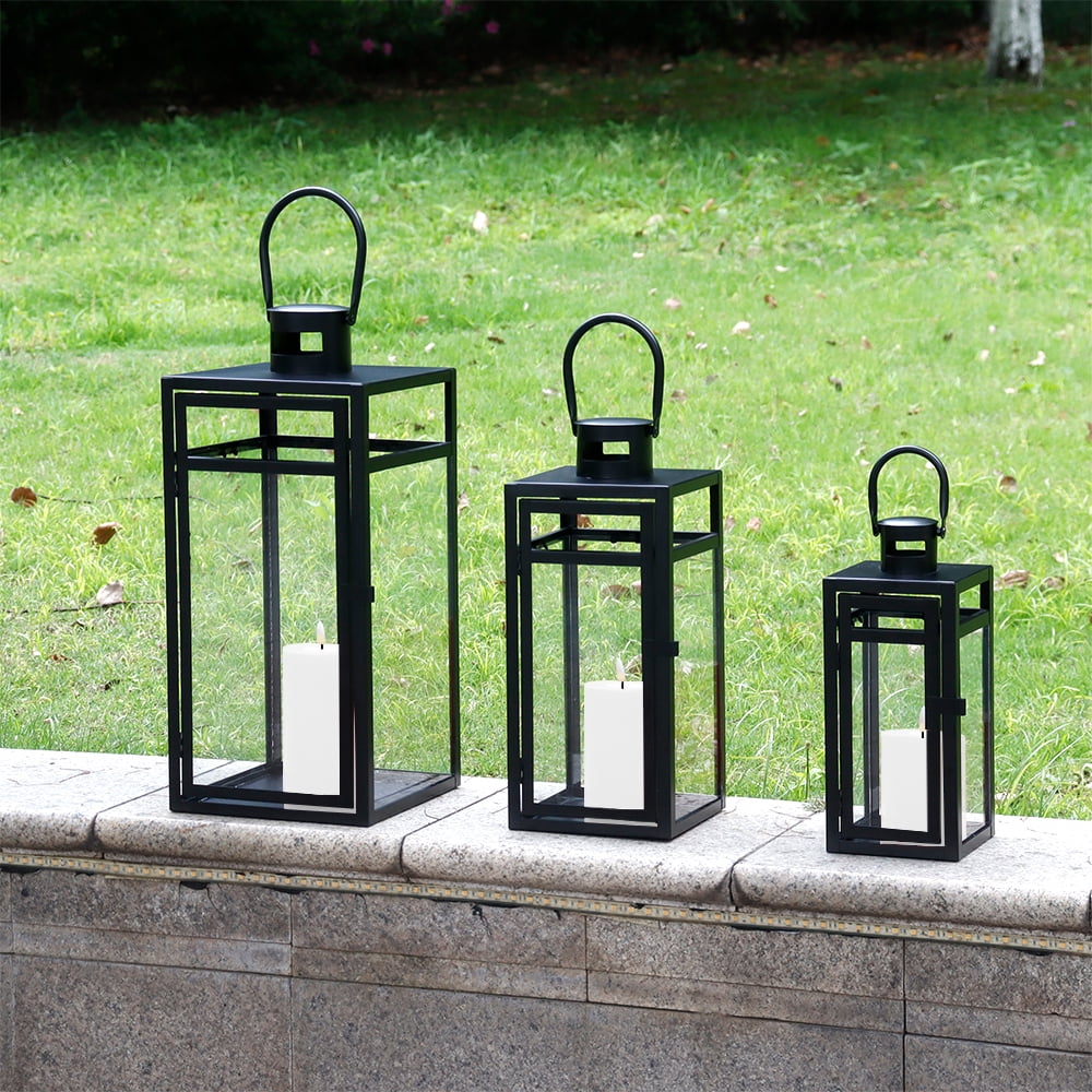 Rustic Metal Decor Set of 3 12/15/19 inch Metal Lanterns with Tempered Glass (Black )