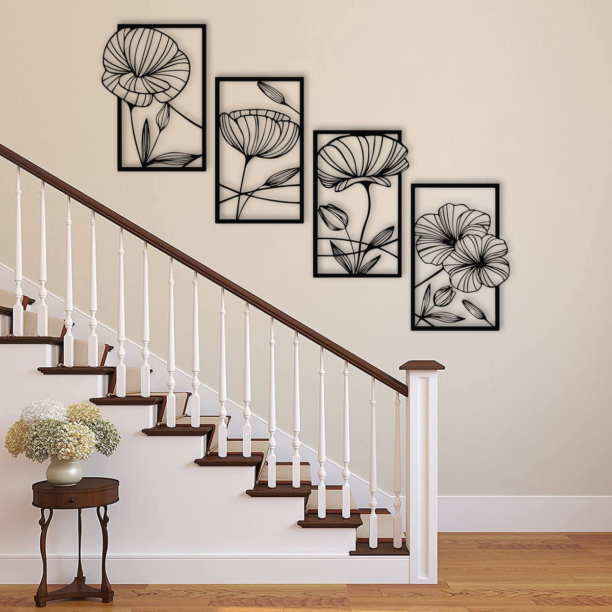 Rustic Metal Decor 4 Pcs Metal Lotus Wall Art, Abstract Floral Line Art Minimalist
