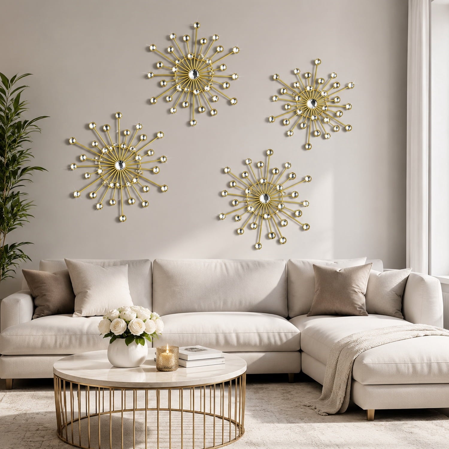 Rustic Metal Decor 4 Pcs Gold Metal Wall Decor, Rhinestone Sunburst Wall Art, Art Deco