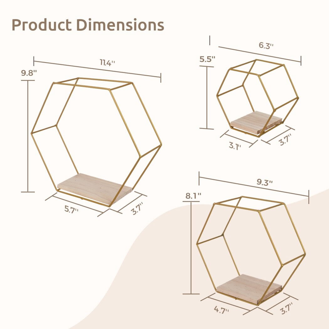 Rustic Metal Decor 3Pcs Hexagon Floating Shelves with LED Light Strip, Modern Wall