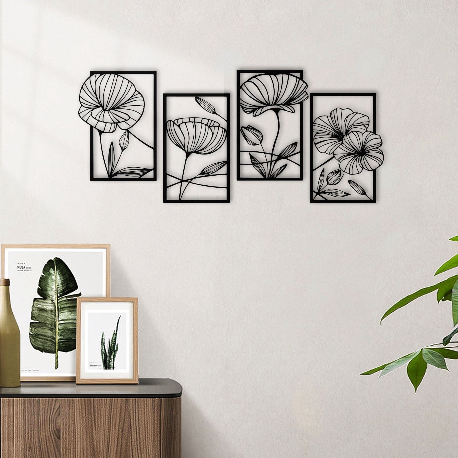 Rustic Metal Decor 4 Pcs Metal Lotus Wall Art, Abstract Floral Line Art Minimalist