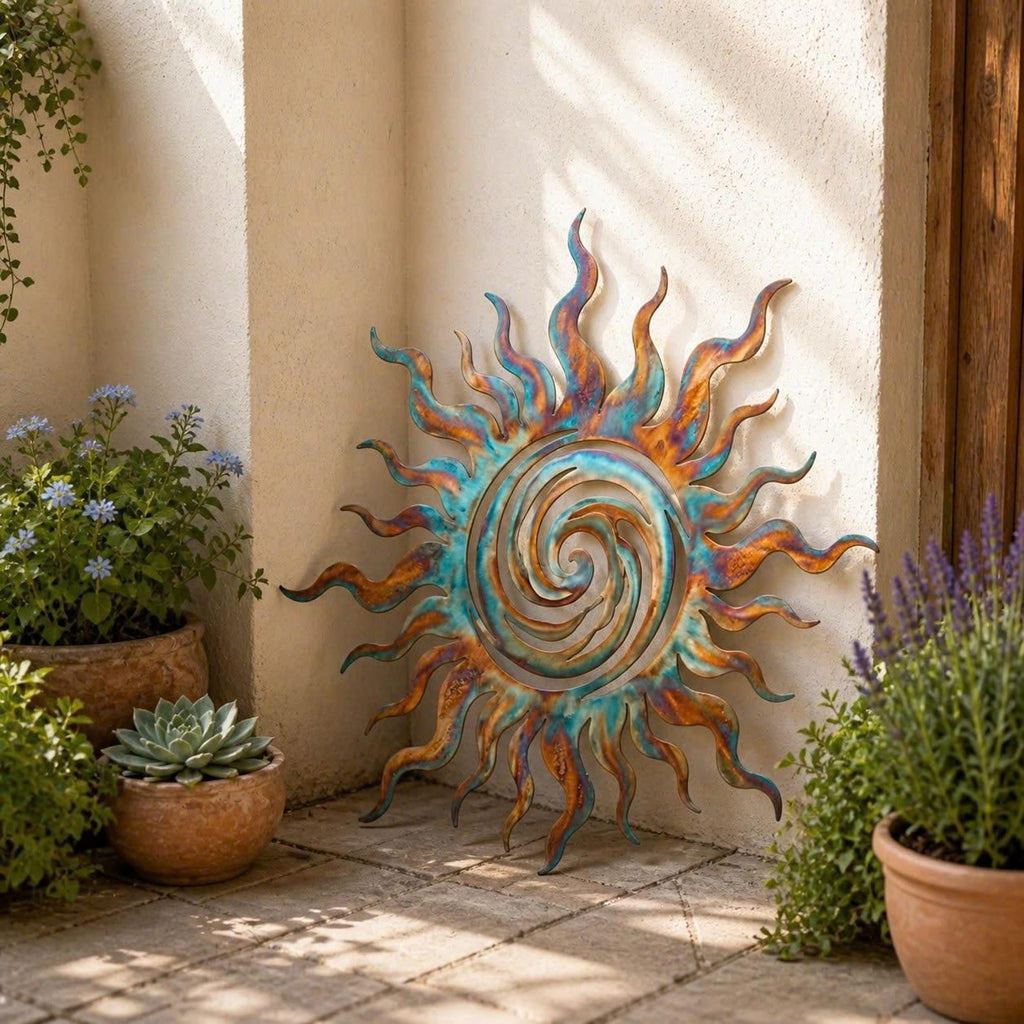 Rustic Metal Decor Colorful Metal Sun Wall Art, Spiral Wall Decor for Patio or Garden