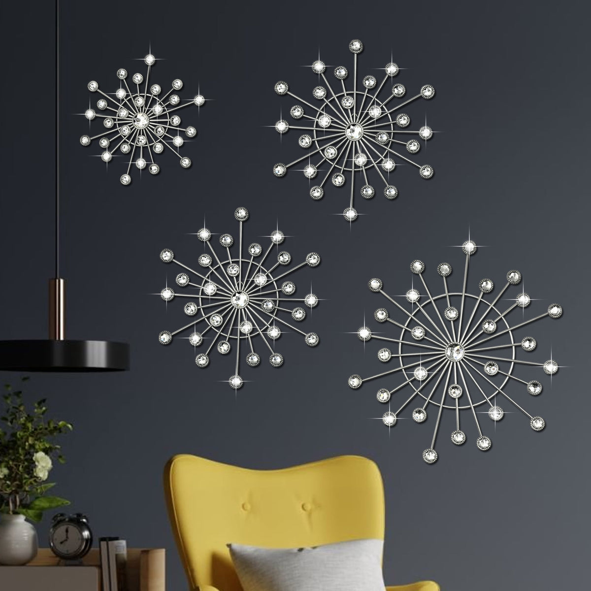 Rustic Metal Decor 4 Pcs Silver Sunburst Wall Decor Set, Bling Crystal Starburst Metal