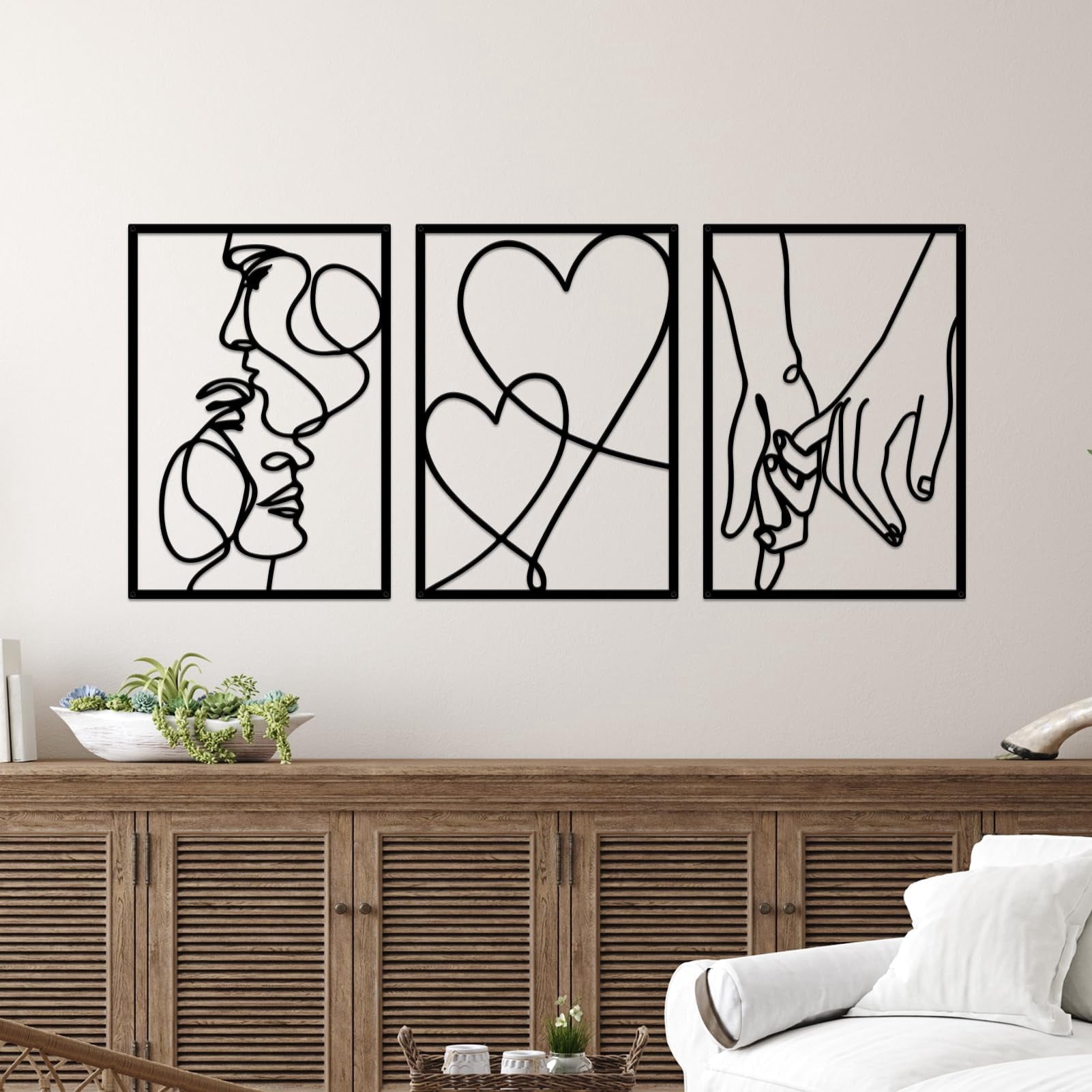 Rustic Metal Decor 3 Pcs Black Metal Minimalist Line Wall Art, Valentine's Day Lover