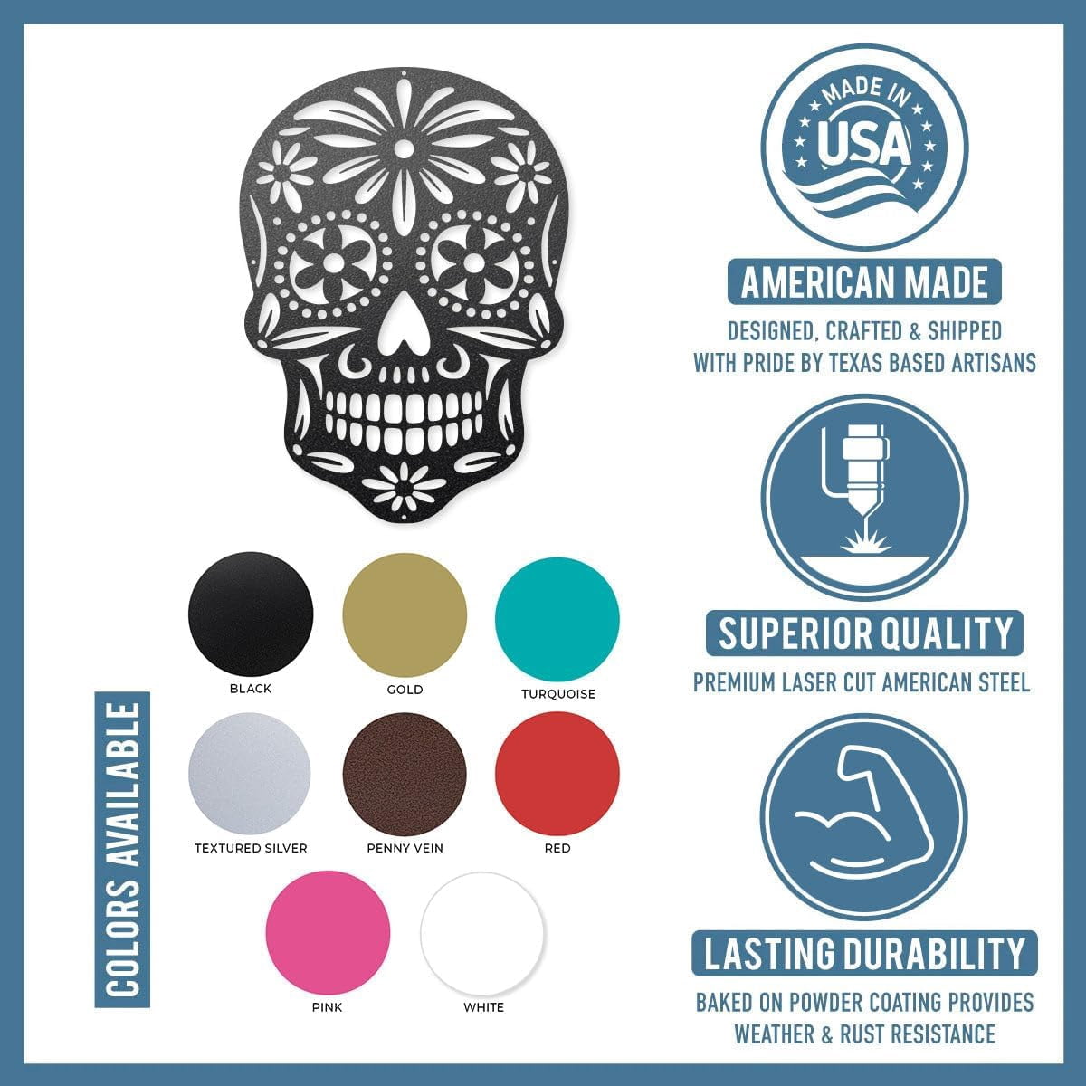 Rustic Metal Decor Day of the Dead Sugar Skull Metal Wall Art– Handcrafted Steel Décor