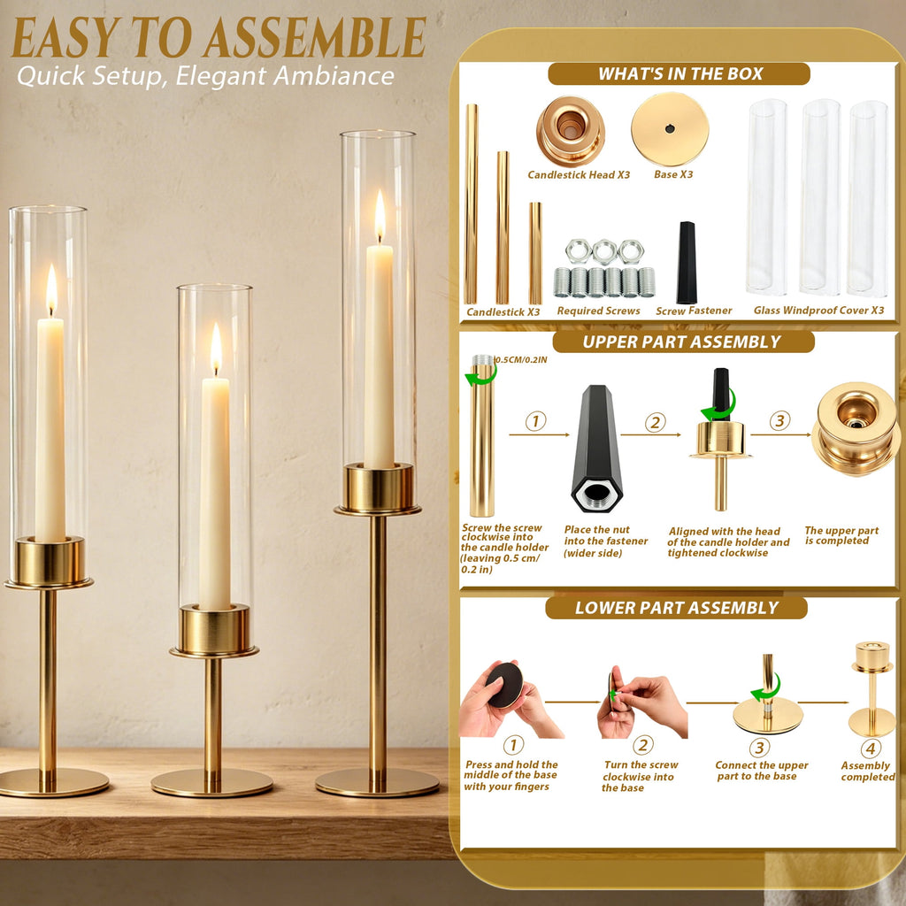 Rustic Metal Decor Gold Hurricane Candle Holders Set of 3, Modern Metal Taper Candle