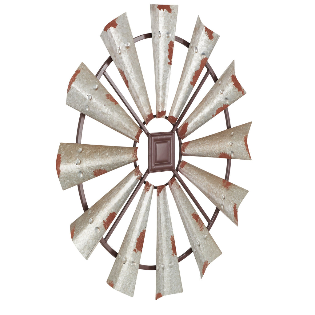 Rustic Metal Decor Silver Metal Distressed Galvanized Windmill Wall Decor with Rust Frame