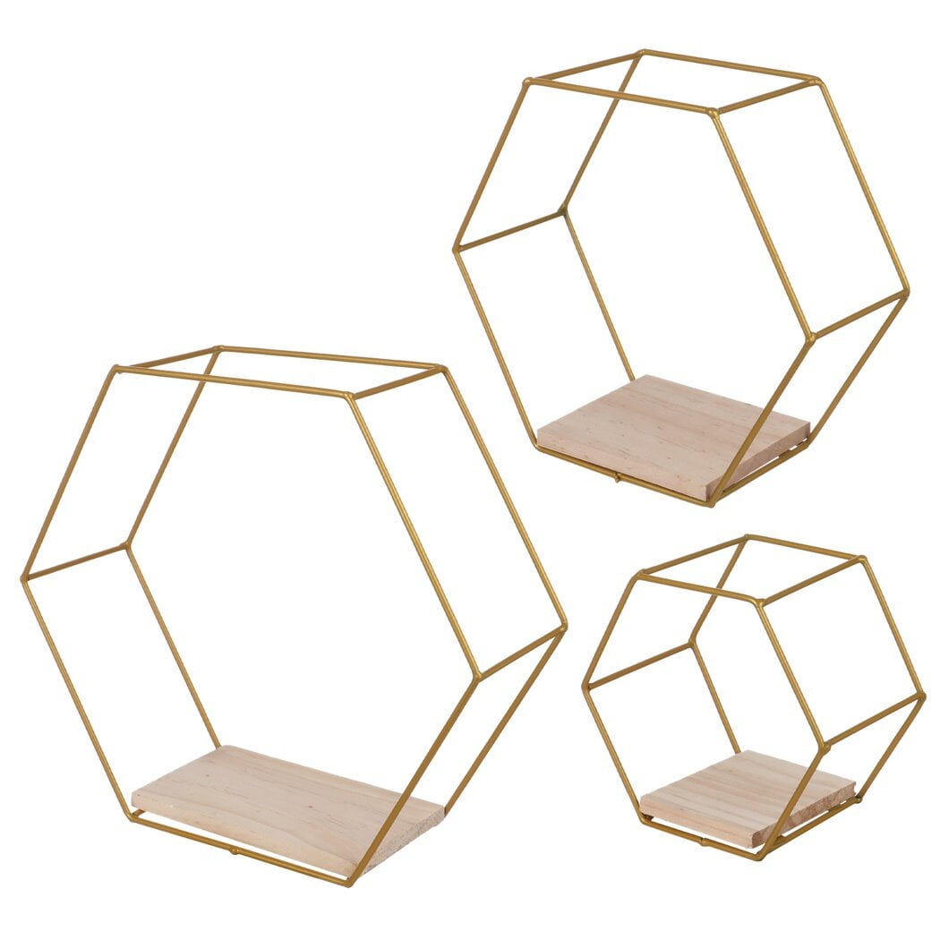 Rustic Metal Decor 3Pcs Hexagon Floating Shelves with LED Light Strip, Modern Wall