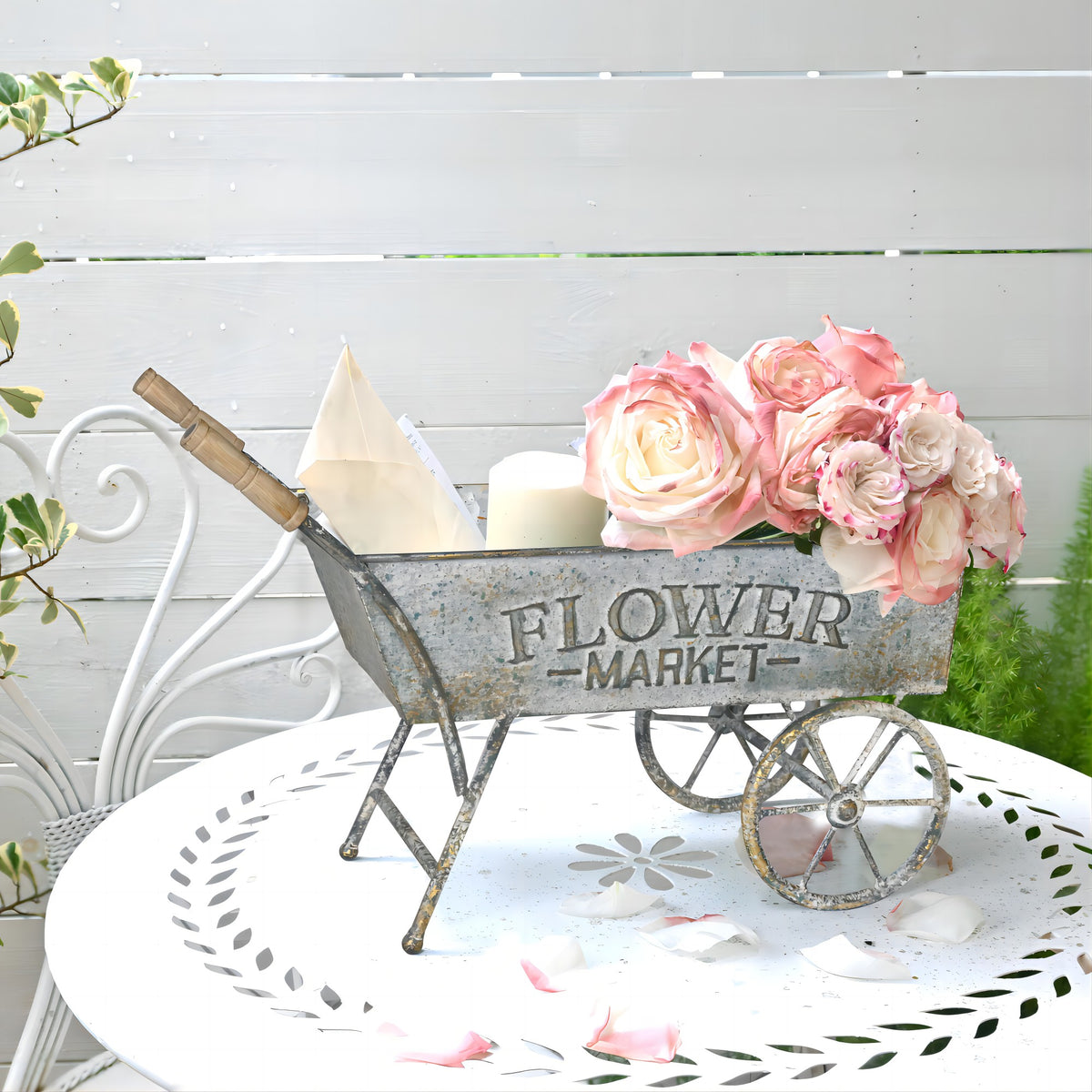 Rustic Metal Decor Vintage Metal Wheelbarrow Planter Cart, Small Flower Pot Holder for