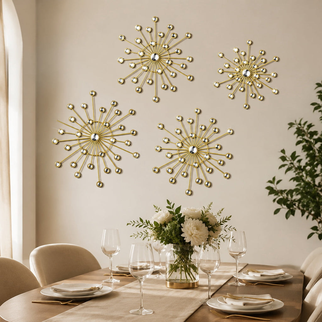 Rustic Metal Decor 4 Pcs Gold Metal Wall Decor, Rhinestone Sunburst Wall Art, Art Deco