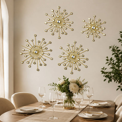 Rustic Metal Decor 4 Pcs Gold Metal Wall Decor, Rhinestone Sunburst Wall Art, Art Deco