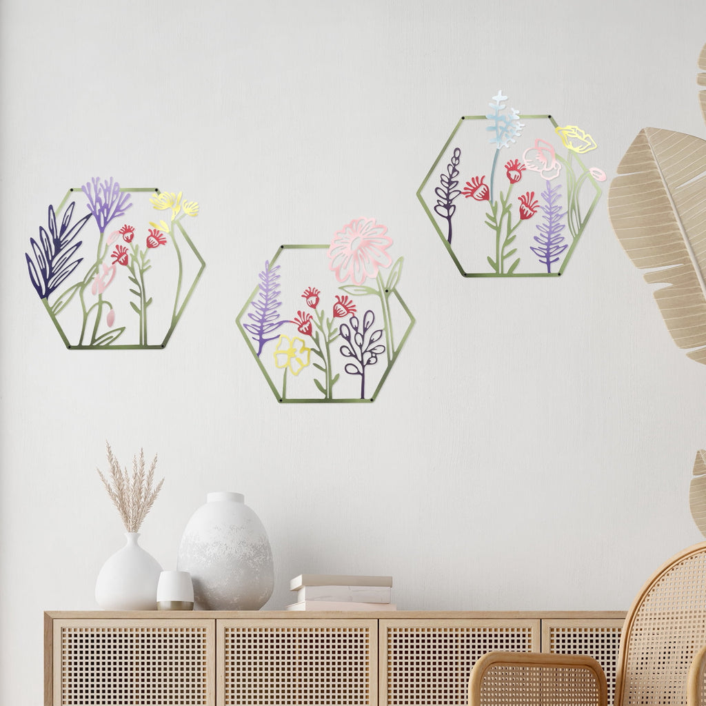 Rustic Metal Decor 3 Pcs Metal Flower Wall Art Minimalist Floral Wall Hanging Decor