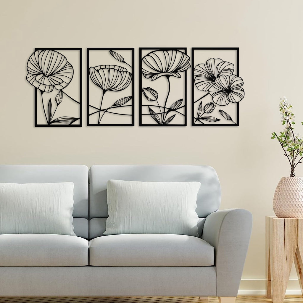 Rustic Metal Decor 4 Pcs Metal Lotus Wall Art, Abstract Floral Line Art Minimalist