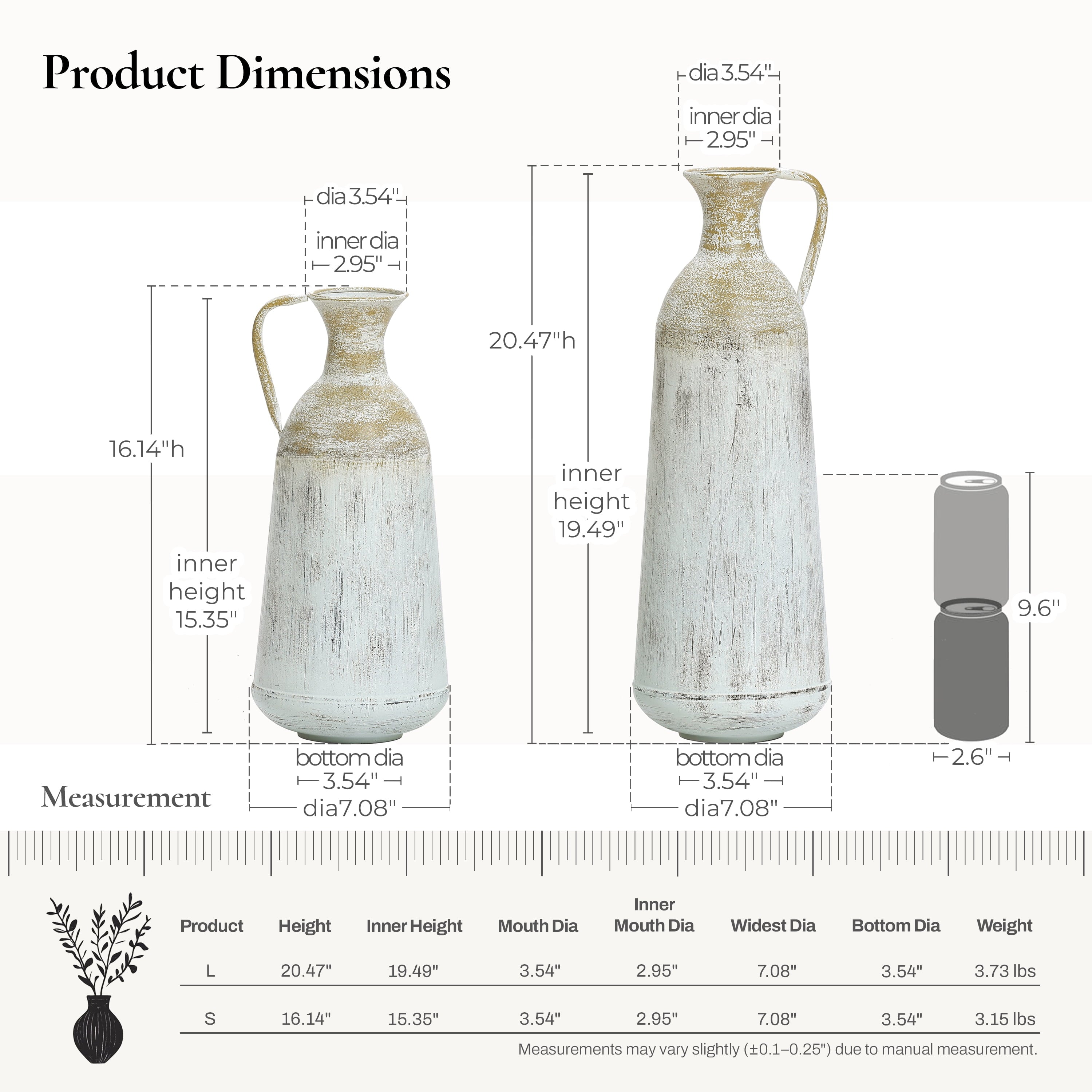 Rustic Metal Decor Set of 2 Distressed Off White and Rustic Brown Metal Pitcher Vase