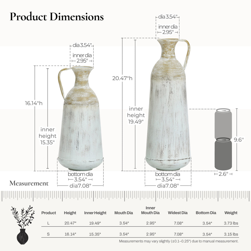 Rustic Metal Decor Set of 2 Distressed Off White and Rustic Brown Metal Pitcher Vase