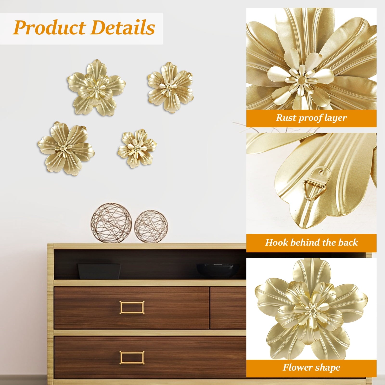 Rustic Metal Decor 4 PCS Gold Metal Flowers Wall Decor 9.8" 3D Multi-layer Modern