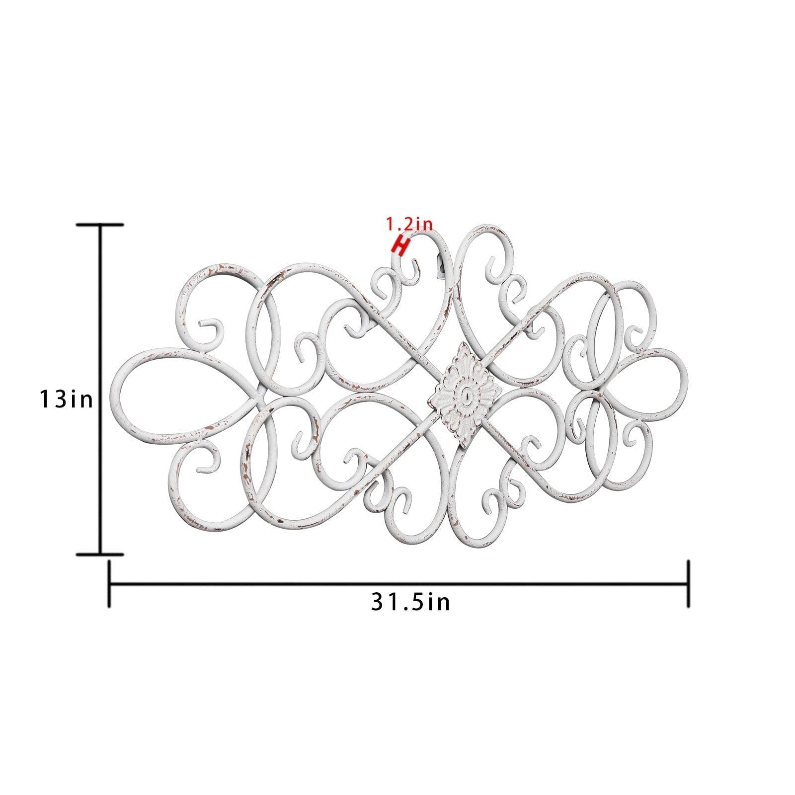 Rustic Metal Decor Farmhouse Flower Scroll White Metal Wall Art Decor 32" x 13",