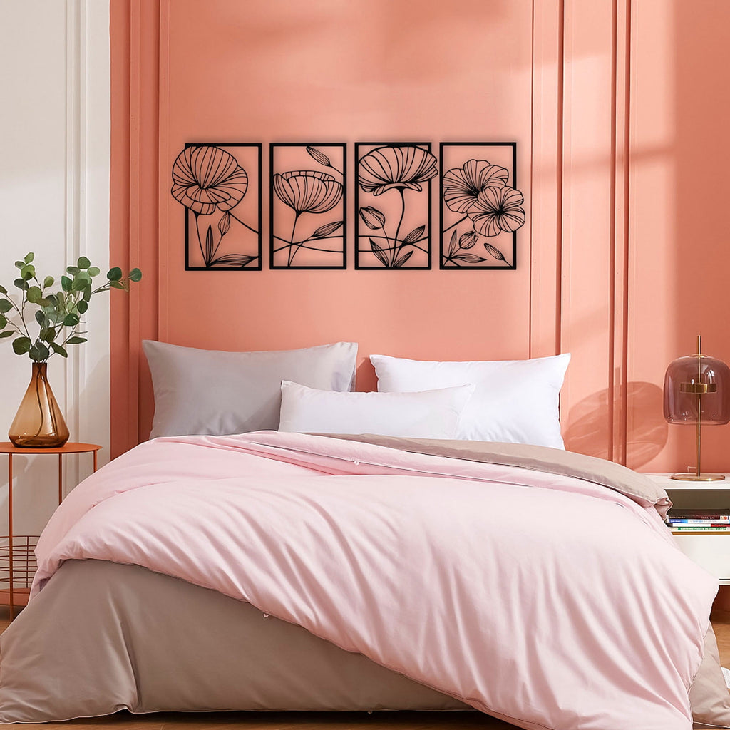 Rustic Metal Decor 4 Pcs Metal Lotus Wall Art, Abstract Floral Line Art Minimalist