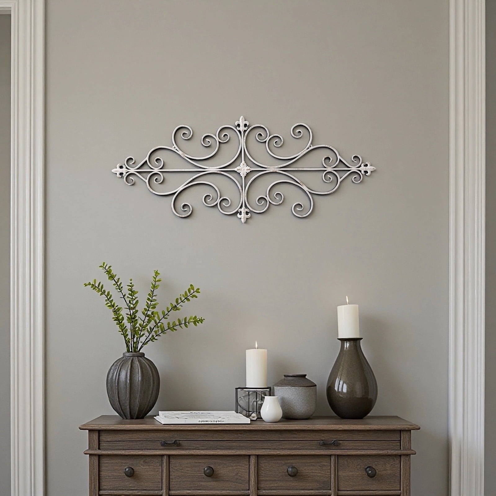 Rustic Metal Decor White Metal Wall Art 45"x18", Rustic Wrought Iron Scroll Wall Decor
