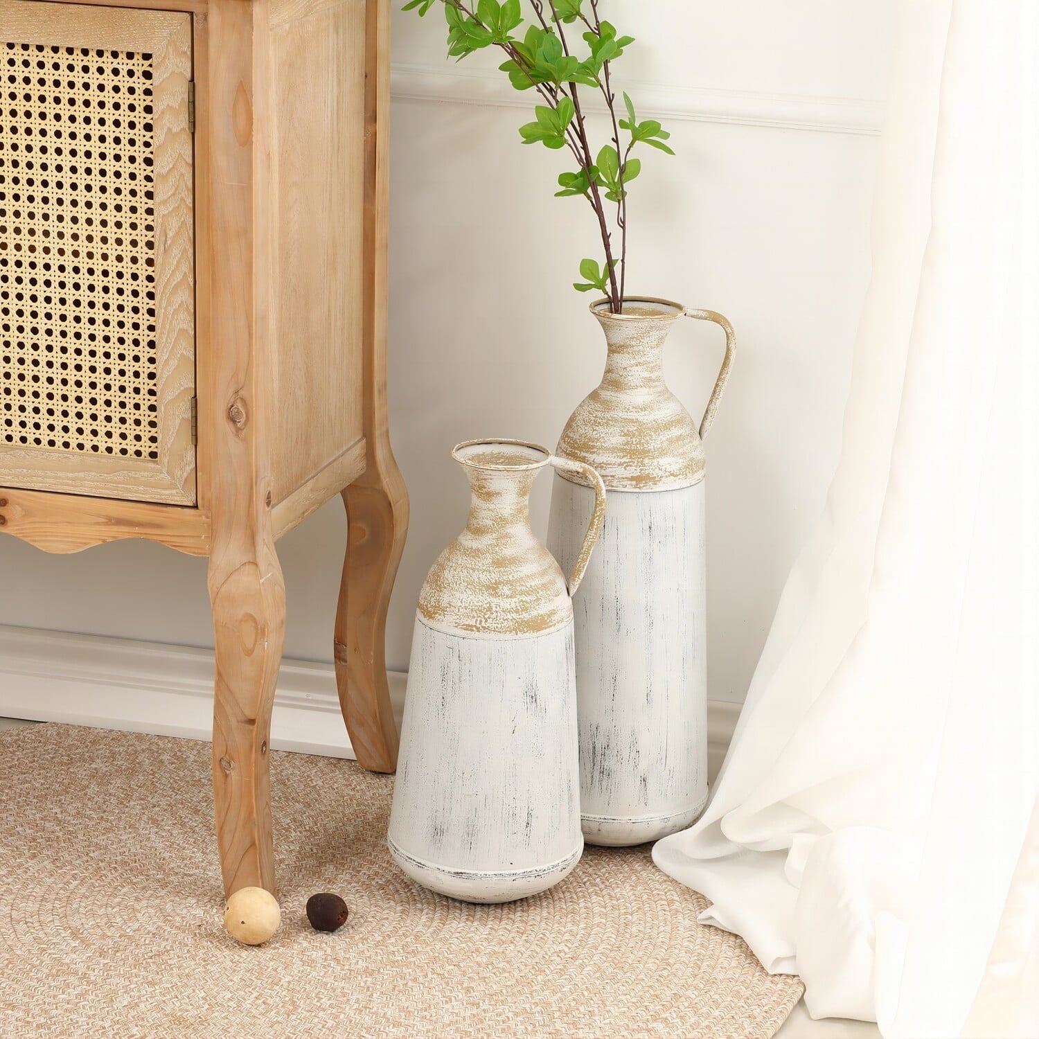 Rustic Metal Decor Set of 2 Distressed Off White and Rustic Brown Metal Pitcher Vase
