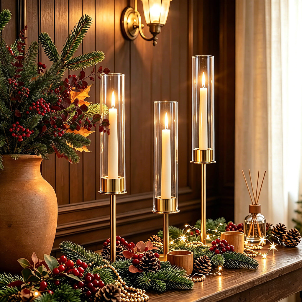 Rustic Metal Decor Gold Hurricane Candle Holders Set of 3, Modern Metal Taper Candle