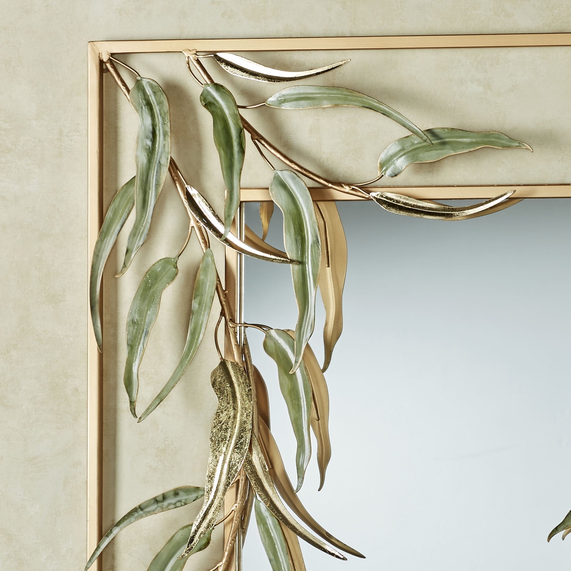 Rustic Metal Decor Willow Leaf Branch Frame Gold Metal Rectangle Wall Mirror