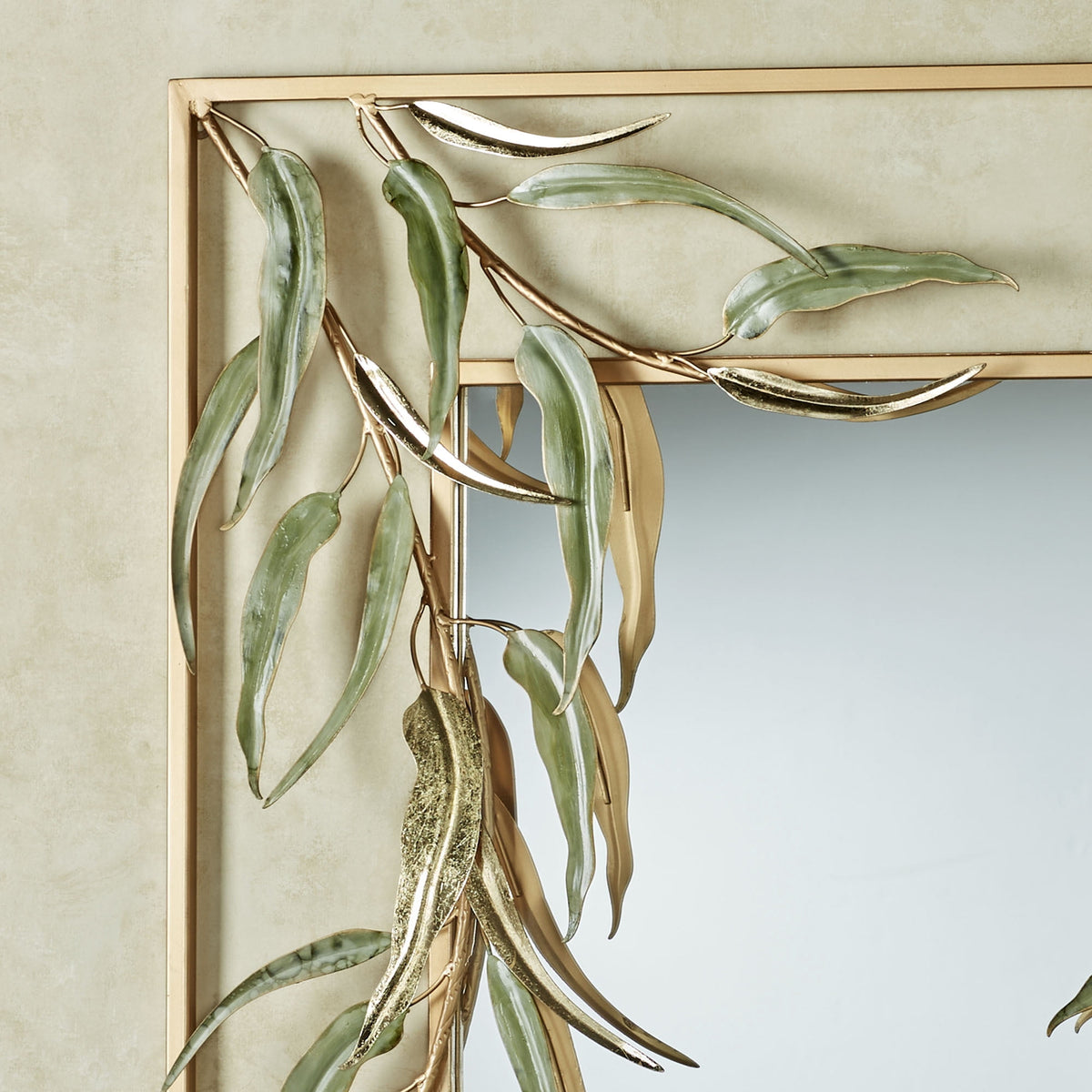 Rustic Metal Decor Willow Leaf Branch Frame Gold Metal Rectangle Wall Mirror