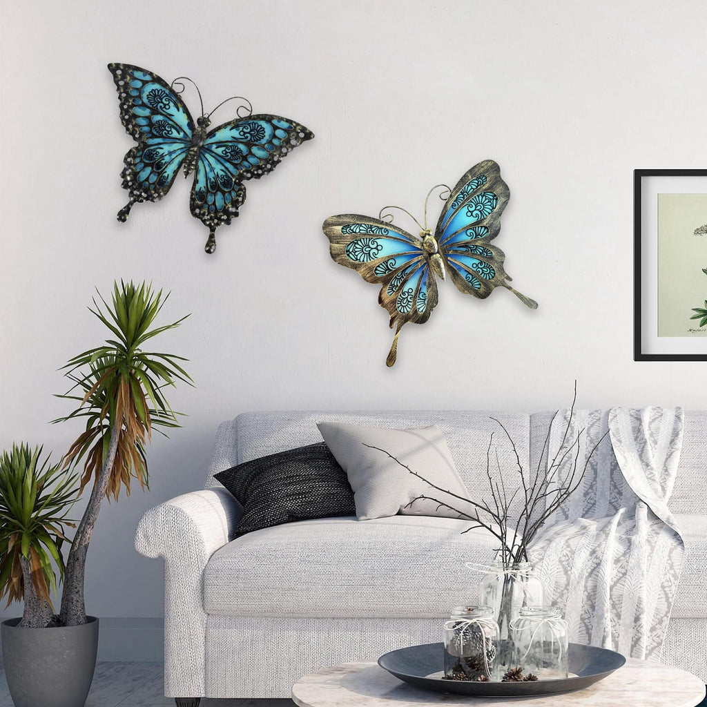 Rustic Metal Decor Metal Butterfly Wall Decor, 2Pack 12" Hanging Glass Butterfly