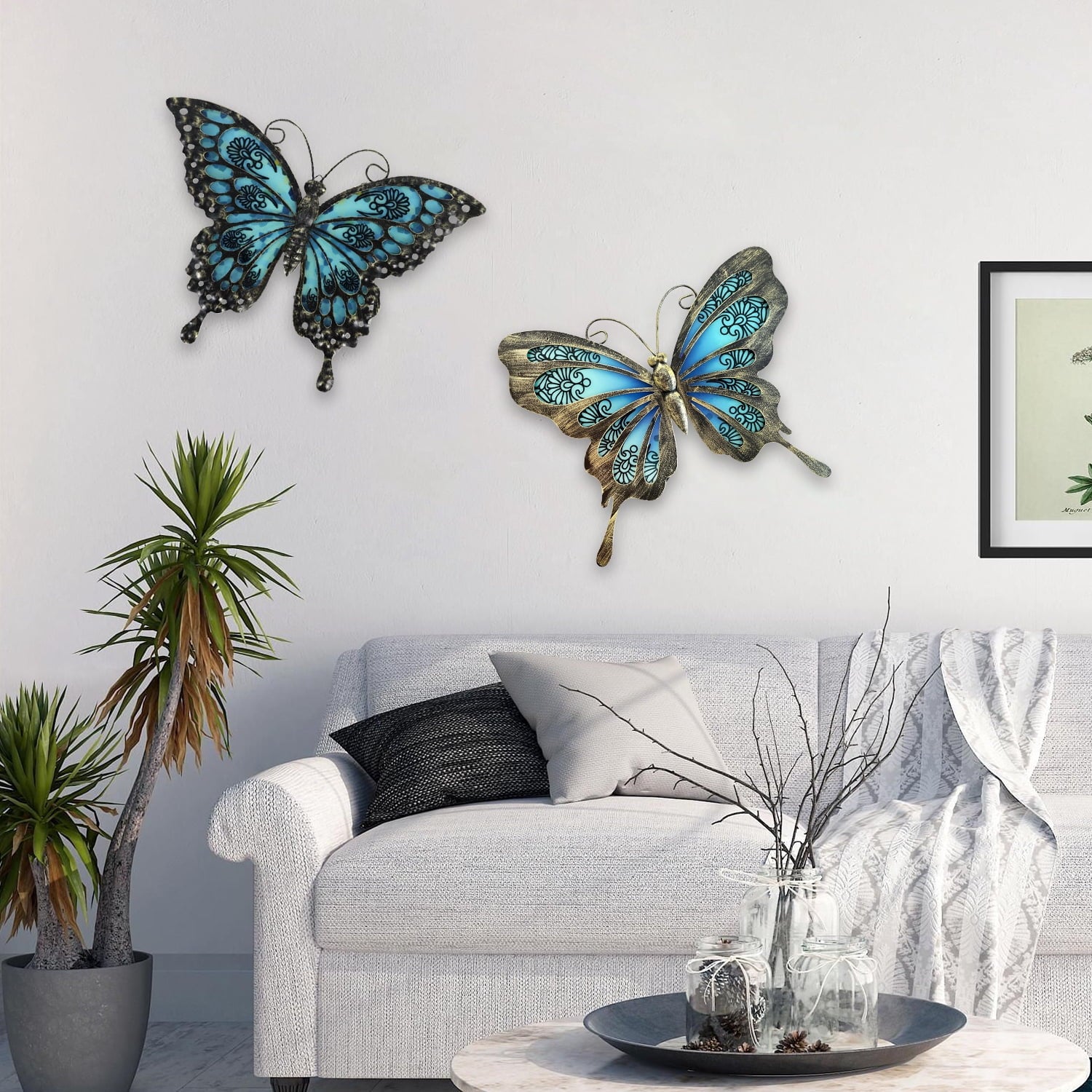 Rustic Metal Decor Metal Butterfly Wall Decor, 2Pack 12" Hanging Glass Butterfly