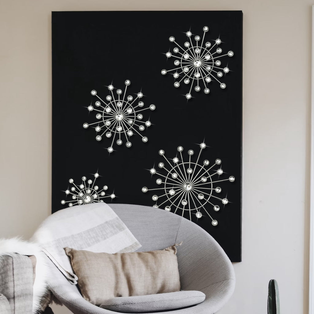 Rustic Metal Decor 4 Pcs Silver Sunburst Wall Decor Set, Bling Crystal Starburst Metal