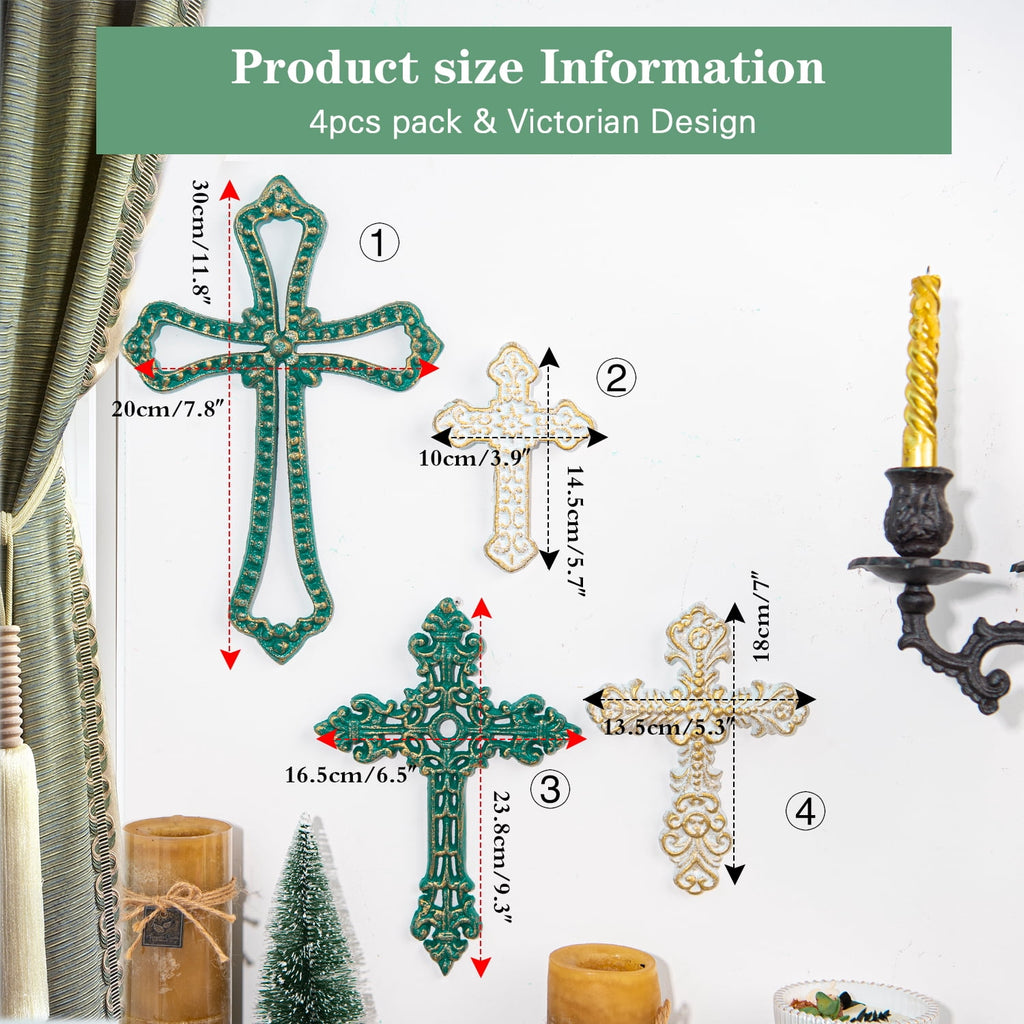 Rustic Metal Decor 4PC Heavy & Sturdy Embossed Cast Iron Cross Decor for Wall,