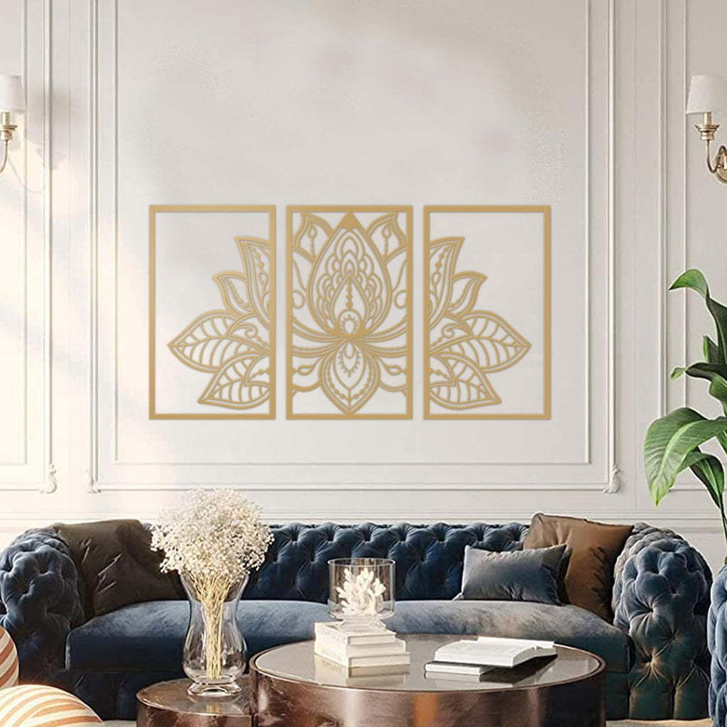 Rustic Metal Decor 3 Pcs Gold Lotus Flower Wall Art Metal Mandala Wall Decor for