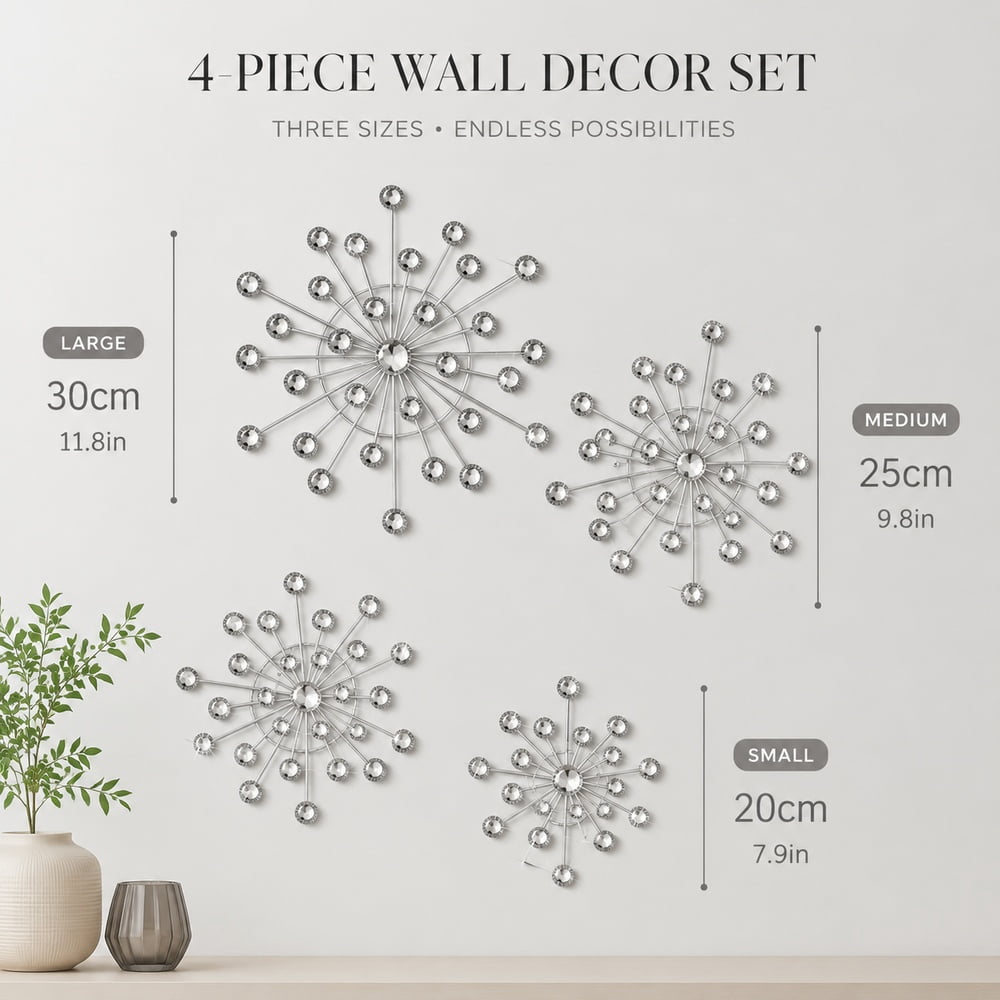 Rustic Metal Decor 4 Pcs Metal Wall Art, Silver Starburst Wall Decor with Crystal