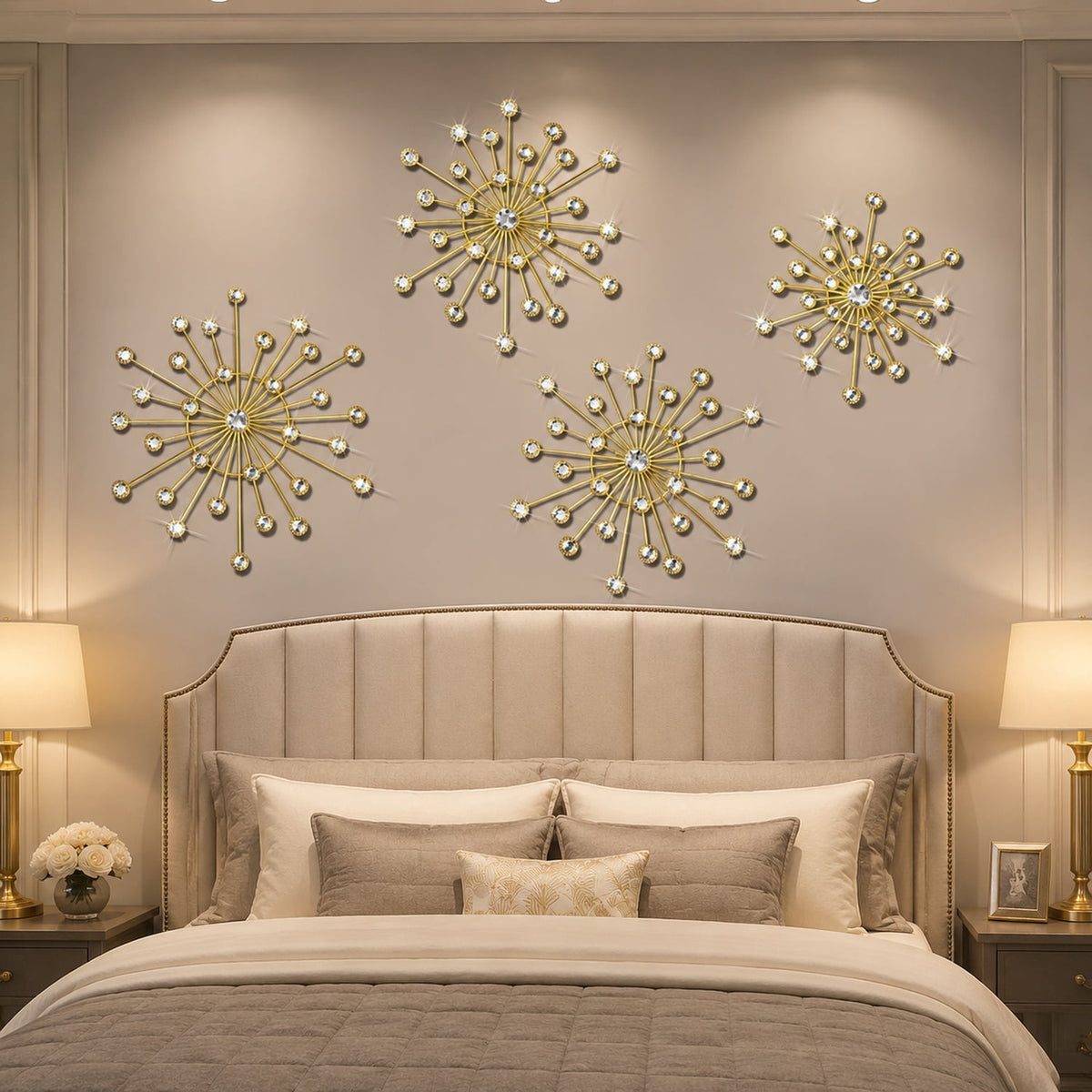 Rustic Metal Decor 4 Pcs Gold Metal Wall Decor, Rhinestone Sunburst Wall Art, Art Deco