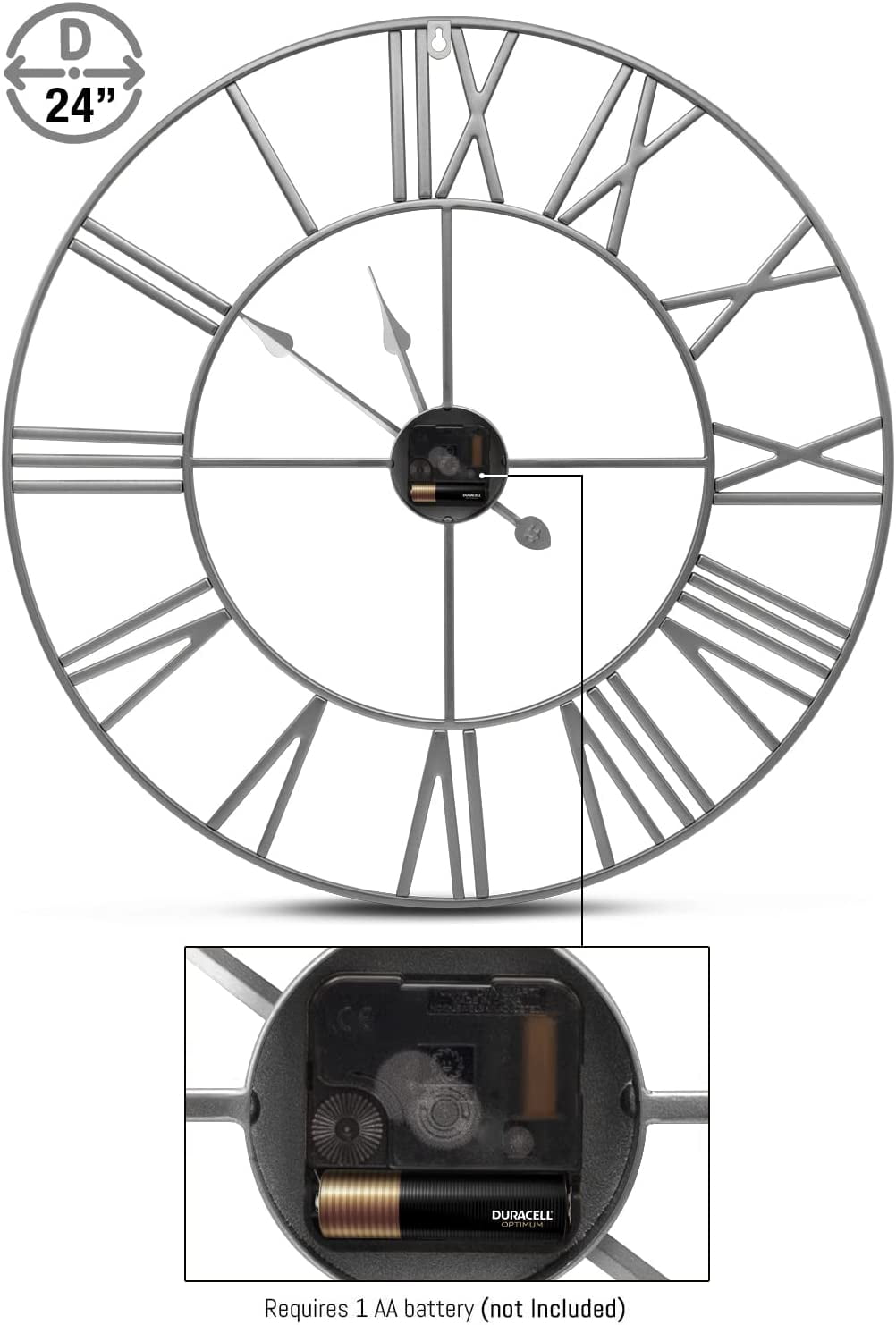 Rustic Metal Decor Analog Wall Clock - Roman Numeral Style, Battery Operated