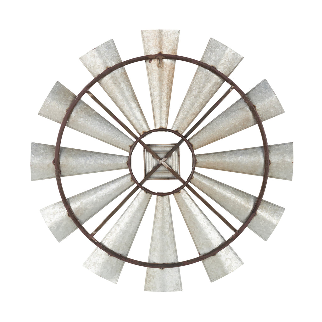 Rustic Metal Decor Silver Metal Distressed Galvanized Windmill Wall Decor with Rust Frame